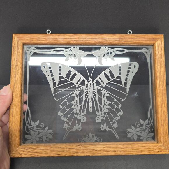 Vintage Butterfly Glass Wooden Frame Window Panel Sun catcher - Picture 2 of 8